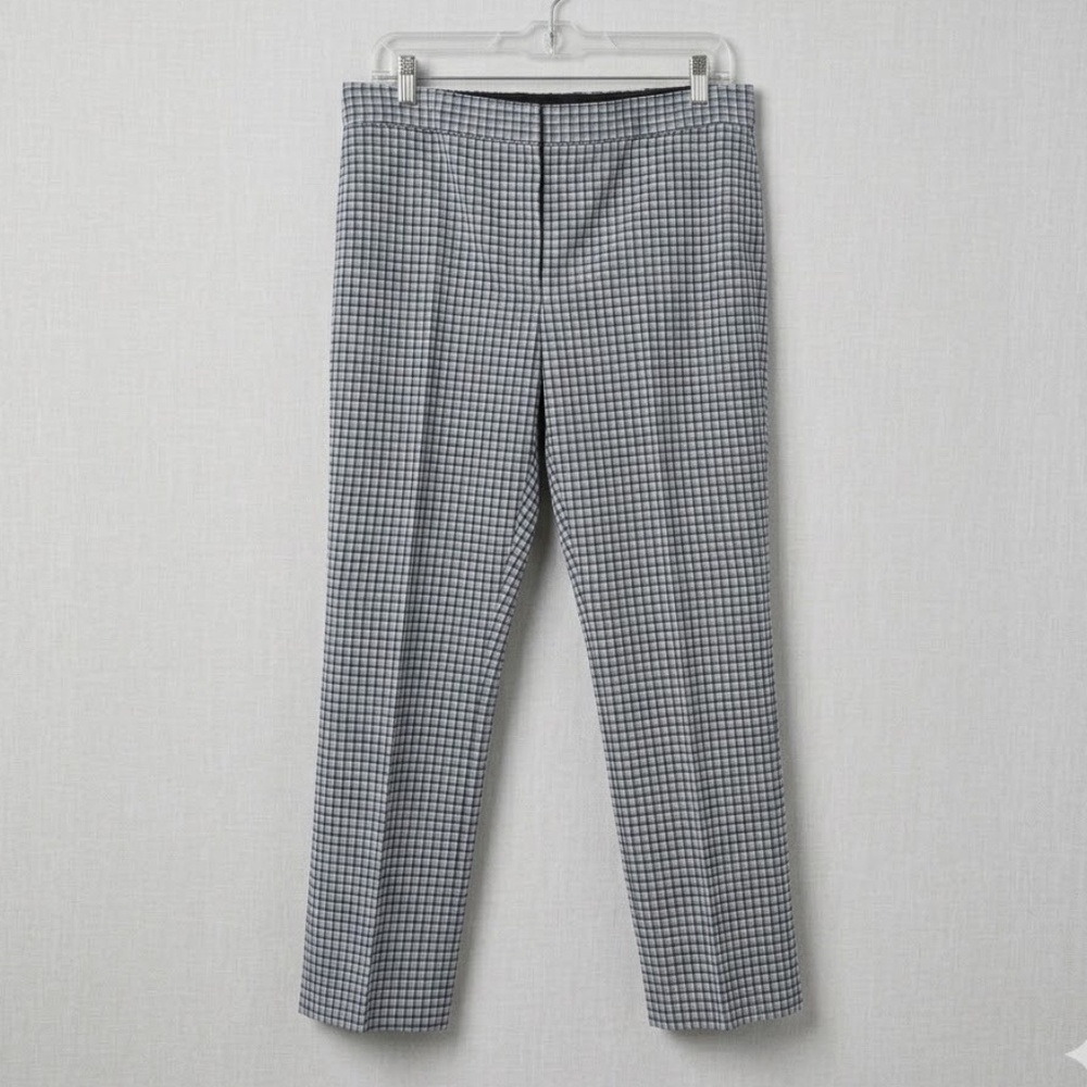 Theory Blue & Grey Micro-Check Plaid Ankle Trousers